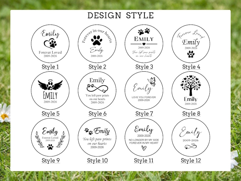 May include: A collection of twelve circular designs, each featuring the name "Emily" and the years "2009-2026." The designs include paw prints, hearts, angel wings, and other decorative elements. The text "Design Style" is at the top.