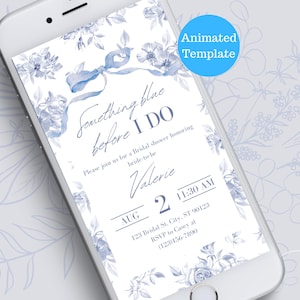 Elegant Chinoiserie Bridal Shower Invitation Template Something Blue Before I Do Animated Invite Blue and White Floral Design with Blue Bow
