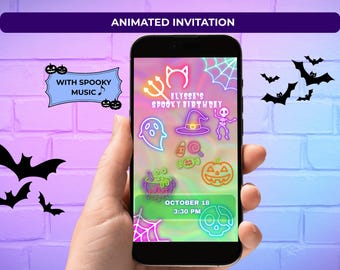 Editable Neon Halloween Invitation Animated Spooky Birthday Party Invite for Girls Glowing Costume Party Template Kids and Adults Evite