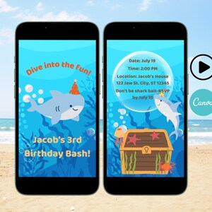 Puede incluir: Dos smartphones que muestran una invitación de cumpleaños azul y blanca con un tema de tiburones. La invitación incluye el texto "Dive into the fun!" y "Jacob's 3rd Birthday Bash!" con detalles del evento.