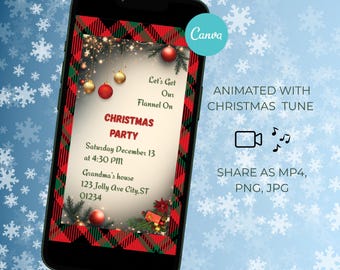 アニメーション付きフランネルクリスマスパーティー招待状 編集可能なホリデーセレブレーション招待状 パジャマパーティーCanvaテンプレート