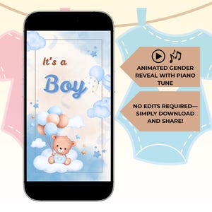 It&#39;s a Boy Gender Reveal Video Announcement Teddy Bear Animated Boy or Girl Gender Reveal With Music Cute Bear Baby Digital Announcement