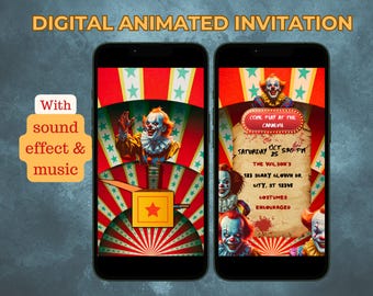 Scary Clown Halloween Party Video Invitation Editable Carnival Clown Invite Spooky Adult Costume Party Evite Animated Horror Circus Invite