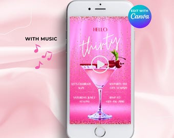 Invitación digital para fiesta de cumpleaños número 30, martini de cereza rosa, invitación de cumpleaños, un poco más antiguo, invitación de video editable, plantilla de Hola treinta