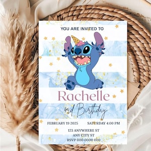 Modèle d'invitation d'anniversaire numérique Stitch, carte d'anniversaire pour enfants Stitch, invitation à une fête d'anniversaire point modifiable, invitation à une fête point mignon.