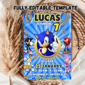 Bearbeitbare Sonic Geburtstagseinladung Vorlage / Kinder rufen Sonic für Geburtstagsfeier / Sonic Geburtstagsfeier-Einladungsvorlage für Kinder