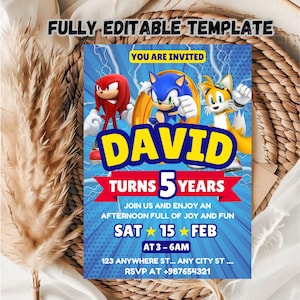 Modelo de convite de aniversário do Sonic editável / Modelo de convite de aniversário do Sonic para crianças / Modelo de convite de aniversário infantil