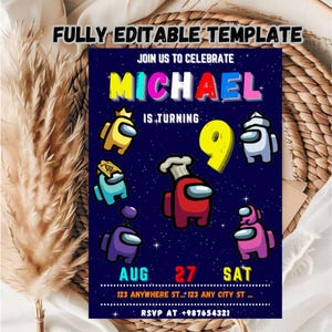 Plantilla de invitación de cumpleaños editable de Among Us / Plantilla de invitación de cumpleaños de Among Us / Plantilla de invitación de cumpleaños para niños / Cumpleaños para niños