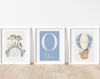 Safari Animal Hot Air Balloon Nursery Prints, Custom Initial (Digital Download)