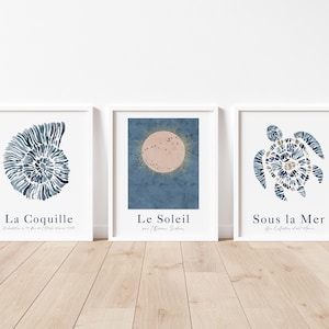 Juego de 3 láminas artísticas de acuarela costera: concha, atardecer y tortuga marina / Azul océano, dorado y beige / Decoración costera de inspiración francesa