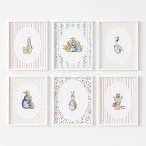 Peter Kanin, Flopsy Kanin Vintage akvarell barnrumstryck set