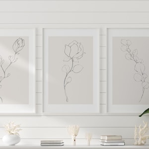 Set di tre stampe artistiche minimaliste di linee sottili botaniche