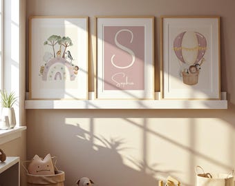 Safari Animal Hot Air Balloon Nursery Prints, Custom Initial, Set of 3