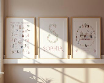 Personalisierte Märchen Alphabet Kinderzimmer Wand Kunst 3er-Set, Benutzerdefinierte Name Blumen Anfangsdruck.