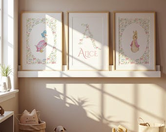 Peter Rabbit, Jemima Puddleduck, Flopsy Bunny, Ditsy Floral Watercolor with Personalized Initial