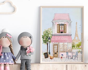 Gepersonaliseerde kinderkamerkunstprint Parisian Cafe: aquarel Eiffeltoren