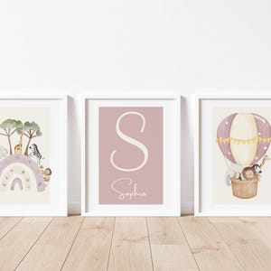 Safari Animal Hot Air Balloon Printable,  Custom Name Initial, Rainbow Parade – Set of 3 Nursery Wall Art Prints for Kids Room