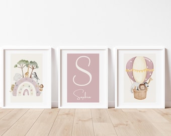 Safari Animal Nursery Prints, Hot Air Balloon, Custom Initial (Digital Download)