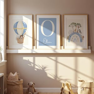 Safari Animal Hot Air Balloon, Custom Name Initial, Rainbow Parade – Set of 3 Nursery Wall Art Prints for Kids Room