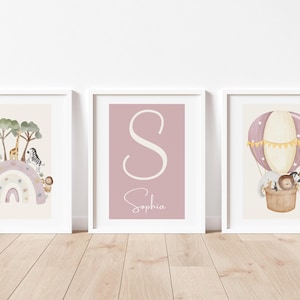 Safari Animal Hot Air Balloon, Custom Name Initial, Rainbow Parade – Set of 3 Nursery Wall Art Prints for Kids Room