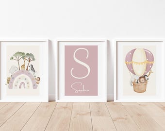 Safari Animal Hot Air Balloon Nursery Prints, Custom Name Initial, Set of 3