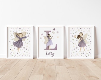 Fairy Name Print Set – Watercolor Nursery Wall Art – Personalized Girl’s Room Decor – Set of 3 Prints