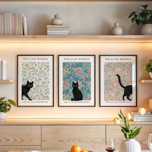 May include: Three framed wall art prints featuring black cats against William Morris floral patterns. Each print includes the text WILLIAM MORRIS ART & CATS EXHIBITION. The designs showcase a cat in different poses against cream, blue, and pink backgrounds.