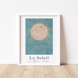 Impresión de acuarela "Le Soleil sur l'Océan Indien" (Atardecer Dorado) / Arte mural verde salvia con pájaros / Póster costero francés