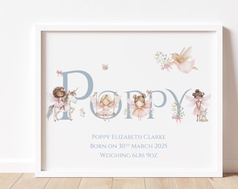 Personalized Fairy Name Print: Watercolor Nursery Art, Unicorn & Flowers