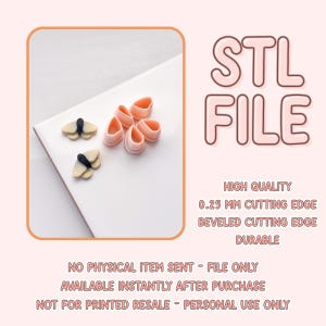 Peut inclure: Image d'une surface blanche avec deux petits objets en forme de papillon et plusieurs petits objets de couleur pêche. Le texte "STL FILE" est affiché en rose. Le texte supplémentaire comprend "HIGH QUALITY" et "0.25 MM CUTTING EDGE".