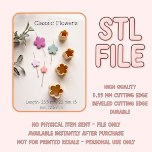 Op de afbeelding: Afbeelding van bloemvormige koekjessnijders en bloemdecoraties in pasteltinten. De tekst op de afbeelding luidt "Classic Flowers" en "STL FILE". De snijders meten 12,5 mm tot 23,5 mm in lengte.