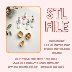 Könnte beinhalten: STL-Datei zum 3D-Druck eines Paares Ohrringformen. Die Formen sind weiß und haben ein Blumen- und ein geometrisches Design. Die Datei ist von hoher Qualität mit einer Schneidekante von 0,25 mm und einer abgeschrägten Schneidekante.