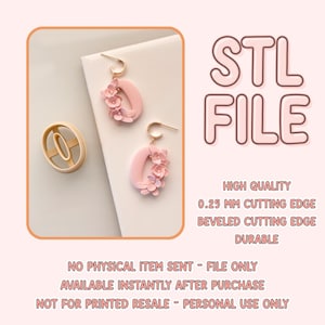 May include: A digital STL file for 3D printing a pair of pink earrings with floral accents. The earrings are shaped like a circle with a floral design around the edge. The file is high quality with a 0.25 mm cutting edge and beveled cutting edge. The file is durable and available instantly after purchase.  The file is for personal use only and not for resale.