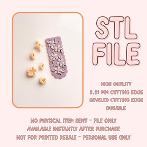 May include: An image of a purple floral design and several small flower-shaped objects. The text "STL FILE" is displayed in large letters. Additional text includes "HIGH QUALITY" and "0.25 MM CUTTING EDGE".