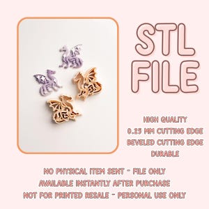 May include: Four dragon-shaped objects, two in lavender and two in tan, are displayed on a white background. The text "STL FILE" is visible, along with details about the cutting edge and durability. The image indicates a digital file.