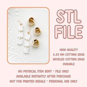 May include: White ghost-shaped earrings and cookie cutters. The earrings have a gold-colored chain. The cookie cutters are beige. The image also includes the text "STL FILE", "HIGH QUALITY", and "DURABLE".