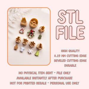 Peut inclure: Diverses découpoirs à biscuits et ornements de Noël beiges et verts. L'image affiche le texte "STL FILE" et des détails sur le produit. Il s'agit d'un fichier numérique, pas d'un article physique.