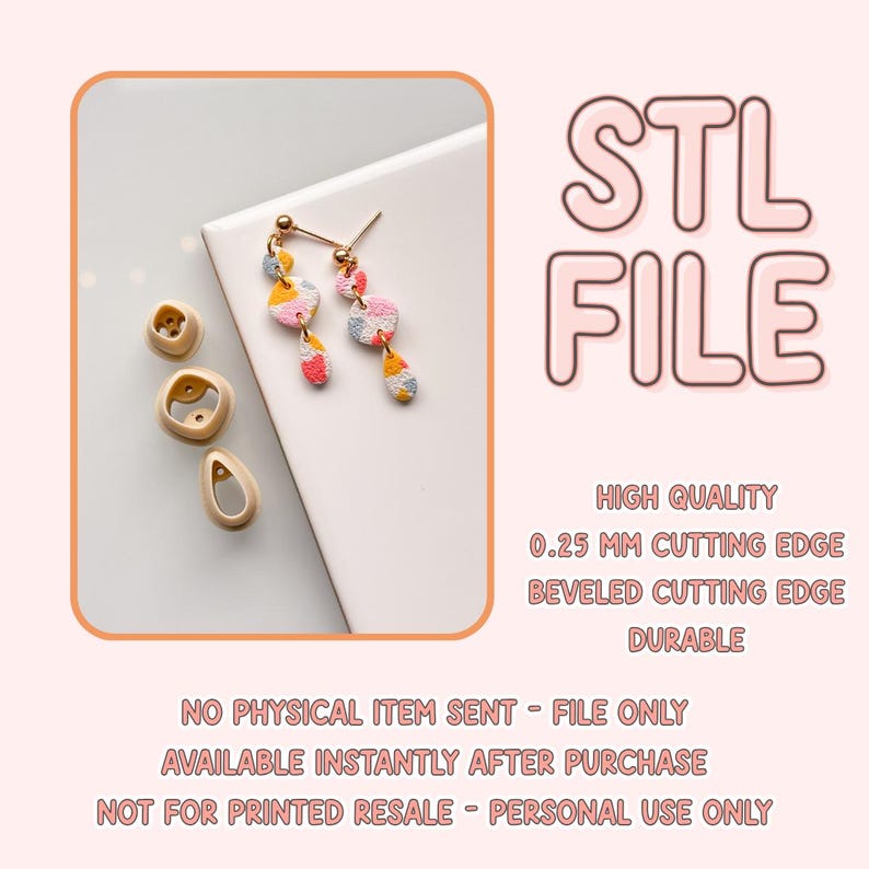May include: STL file for 3D printing a pair of dangle earrings with a geometric design. The earrings are made of pink, blue, and yellow polymer clay with a gold-colored metal hook.
