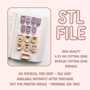 Puede incluir: Un libro abierto muestra varios marcadores decorativos en morado y dorado. Los marcadores presentan diseños florales, de corazón y otros. El texto en la imagen dice "STL FILE", "HIGH QUALITY" y "DURABLE".