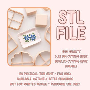 Può includere: Un file digitale STL che presenta vari tagliabiscotti color pesca chiaro con un bordo di taglio da 0,25 mm e un piccolo vassoio rettangolare con bordi smerlati dipinto con fiori blu e foglie verdi su uno sfondo chiaro.