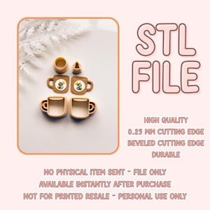 May include: An assortment of tan and brown mug-shaped cookie cutters, with a small round and triangular cutter. The mugs have a yellow and black design. The image also includes the text "STL FILE" and other details about the product.