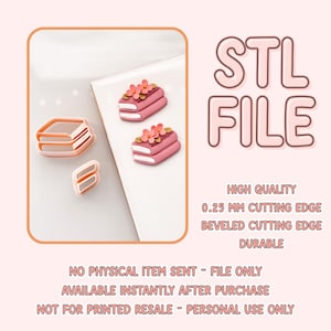 May include: STL file download for a set of three pink book-shaped cookie cutters. The cutters feature a bevelled edge and are 0.25 mm thick.  The text "STL FILE" is in large pink letters at the top of the image.  The text "HIGH QUALITY", "0.25 MM CUTTING EDGE", "BEVELLED CUTTING EDGE", and "DURABLE" is in black text below the file name.  The text "NO PHYSICAL ITEM SENT - FILE ONLY", "AVAILABLE INSTANTLY AFTER PURCHASE", and "NOT FOR PRINTED RESALE - PERSONAL USE ONLY" is in black text at the bottom of the image.