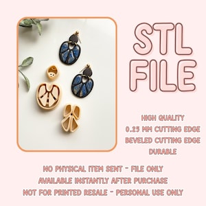 May include: An image featuring a pair of black and blue earrings and several beige-colored clay cutters. The text "STL FILE" is displayed in a pink outline, along with details about the file's quality and usage. The image is set against a light pink background.