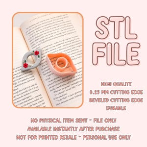May include: STL file for 3D printing of a high-quality eye-shaped cookie cutter with a 0.25 mm cutting edge. The cutter is pink and has a beveled cutting edge. The text "STL FILE" is in pink letters on a white background. The text "HIGH QUALITY", "0.25 MM CUTTING EDGE", "BEVELED CUTTING EDGE", and "DURABLE" is in black letters on a white background. The text "NO PHYSICAL ITEM SENT - FILE ONLY", "AVAILABLE INSTANTLY AFTER PURCHASE", and "NOT FOR PRINTED RESALE - PERSONAL USE ONLY" is in black letters on a white background.
