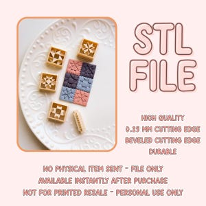 Könnte beinhalten: Draufsicht auf beige und pastellfarbene geometrische Ausstecher und ein Beispielkeks auf einem weißen Teller. Das Bild enthält den Text "STL FILE" und Details zur Qualität und Verwendung des Produkts.