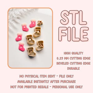 May include: The image displays a collection of Christmas-themed cookie cutters. There are pink stocking-shaped cutters with white fur trim and star-shaped cutouts, alongside tan-colored stocking cutters. The text "STL FILE" is visible, along with details about the cutting edge.