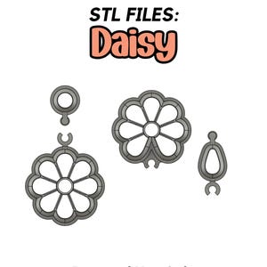 Op de afbeelding: STL-bestanden voor een 3D-printbaar madeliefje-ontwerp. De afbeelding toont drie afzonderlijke bestanden: een madeliefje met een lus, een madeliefje zonder lus en een lus. De tekst "STL FILES: Daisy" staat bovenaan de afbeelding. De tekst "Personal Use Only" staat onderaan de afbeelding.