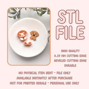 May include: A digital download of an STL file for 3D printing. The file contains designs for two dog-shaped cookie cutters and a pair of paw print cookie cutters. The cookie cutters are shown on a white plate.