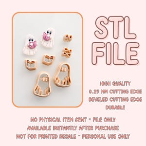 May include: A collection of peach-coloured plastic cookie cutters in the shapes of ghosts and books, alongside two finished white ghost figures holding pink books. The text reads STL FILE, HIGH QUALITY, 0.25 MM CUTTING EDGE, BEVELED CUTTING EDGE, DURABLE.