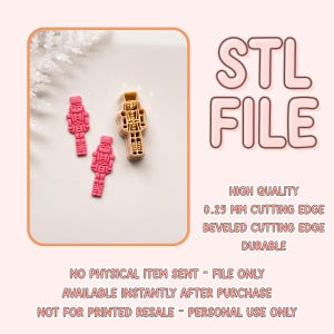 May include: Three nutcracker-shaped cookie cutters. Two are pink, and one is tan. The image includes the text "STL FILE", "HIGH QUALITY", "0.25 MM CUTTING EDGE", "BEVELED CUTTING EDGE", and "DURABLE".